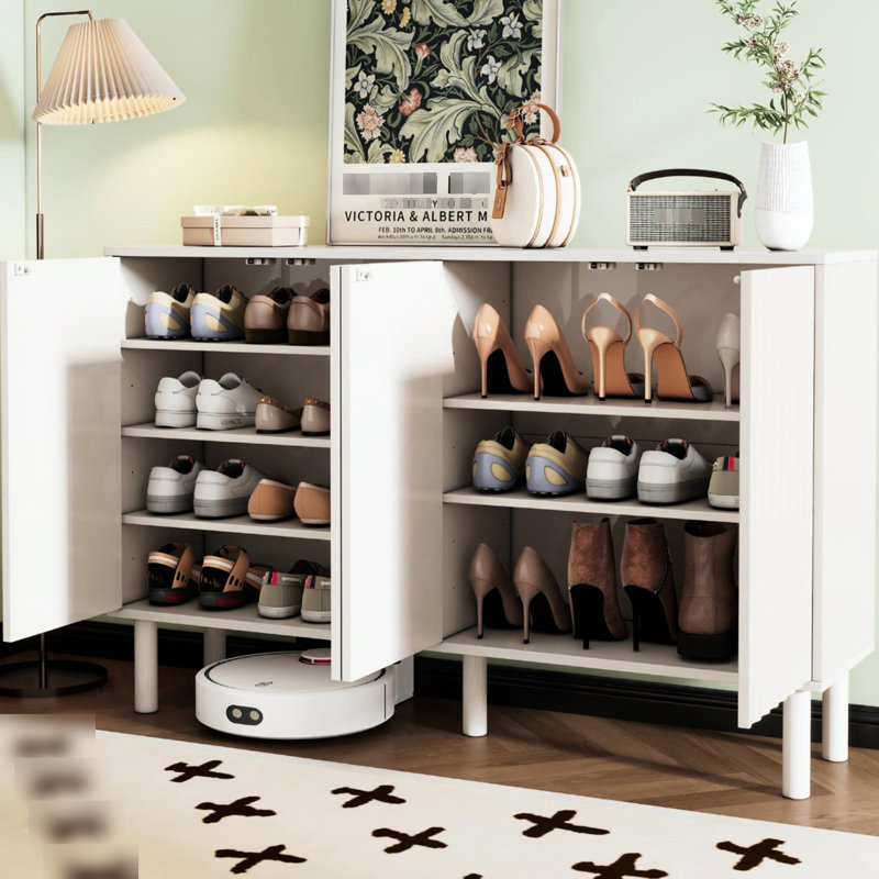 Chic 55.1*13.7*35.4Inch Cabinet With Solid Wood Legs And Fluted Doors, White, 5 Adjustable Shelves For Living Room, Hallway, Entryway, Closet, Kitchen Minimalist Doors Legs,