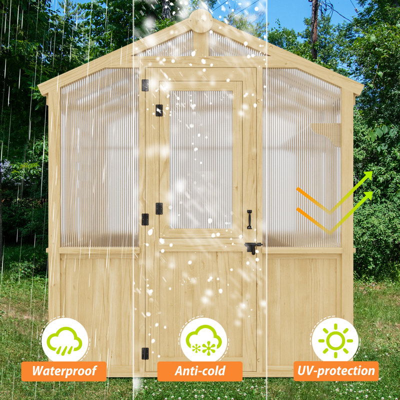 Natural Cedar and Polycarbonate Walk-In Greenhouse with Roof Vent