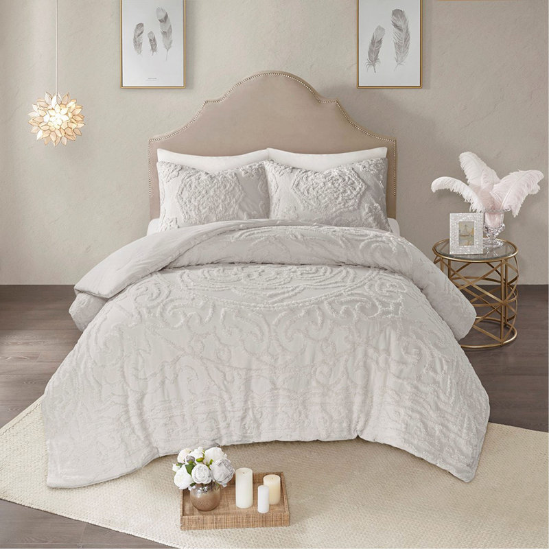 Ensemble d'édredon 3 pièces médaillon en chenille de coton touffeté, Édredon pour lit double et 2 pièces supplémenta