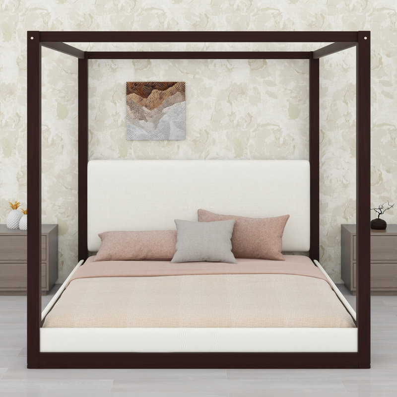 Lit plateforme en bois de style baldaquin, tête de lit tapissier pour plus de confort et de style, Très grand lit