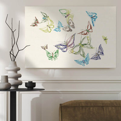 Framed Canvas Wall Art, Colorful butterflies in a whimsical, hand-drawn line art style. Wall Decor, Large Artwork for Living Room Bedroom, Ready to Hang, 24x36 Inch