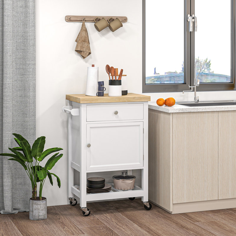 Chariot de cuisine utilitaire, îlot de cuisine roulant avec plateau en bois d'hévéa lisse, surface de bloc de boucher étroite sur roulettes avec tiroir de rangement et armoire, blanc
