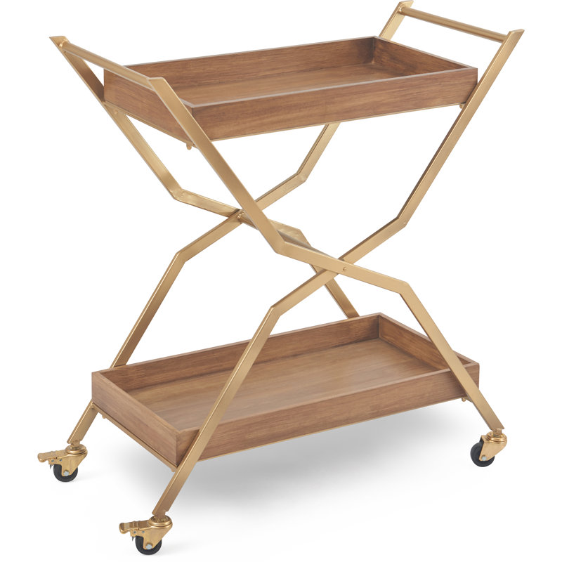 Gold and Walnut Wood 2-Tier Rolling Bar Cart with Storage