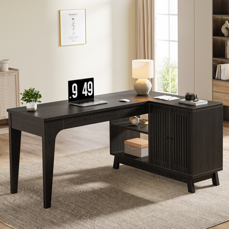 L-Shaped Desk with Storage Cabinet, Corner Computer Desk for Home Office, Black