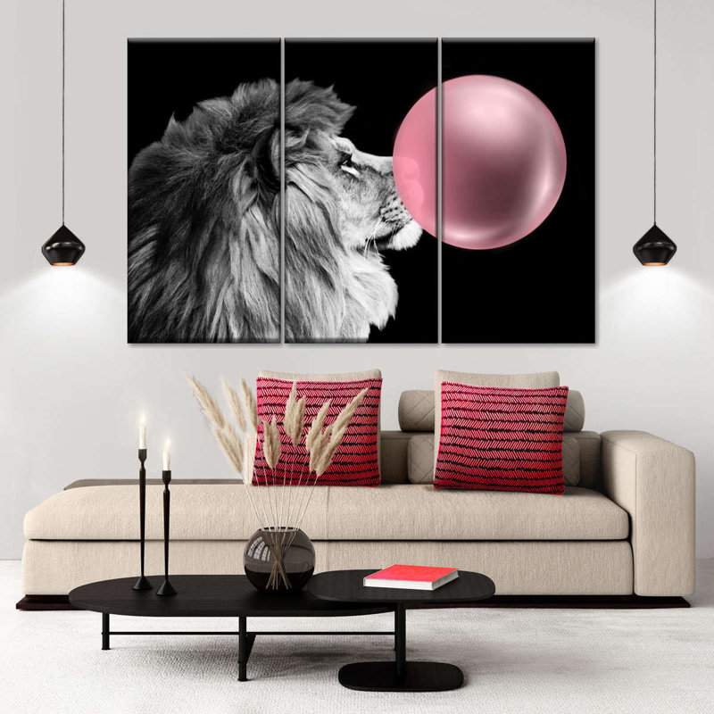 Drôle de lion, gomme à bulles sur toile, ensemble 3 pièces, H 24 po x l 38 po x P 1,25 po