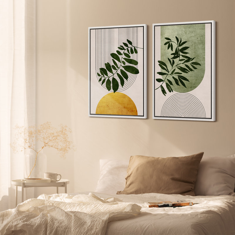 White Framed Geometric Green and Yellow Abstract Canvas Art Set