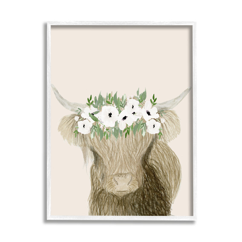 Highland bovins, portrait, coquelicot blanc, couronne florale, impression, Giclée encadrée blanc bord de mer