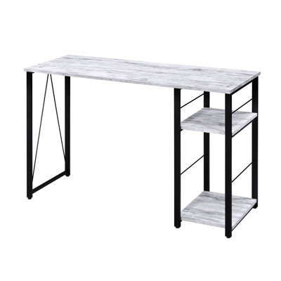 Bureau d'écriture rectangulaire à 2 niveaux, métal noir et blanc antique, pieds l 34 po x l 19 po x P 28 po, dimensions des tablettes 16 po x P 9 po / H 17 po, bureau de construction en panneau de particules, surface pour les pieds , Détails, Placage 