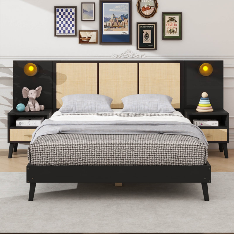 Queen Solid Wood Bed Frame With Matching Nightstands And Lamp-Integrated Design, Black