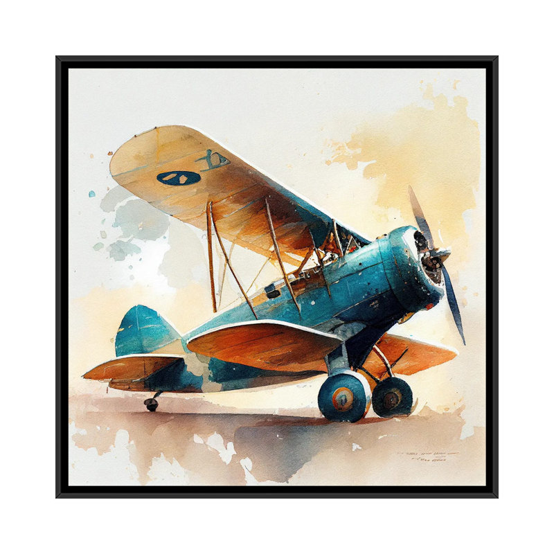 Aquarelle, avion rétro I, Toile avec cadre flottant noir, H 37 po x l 37 po x P 1,5 po