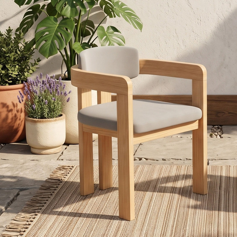 Ensemble de 2 chaises longues d'extérieur avec coussins, structure en bois massif, dossier incurvé et pieds réglables