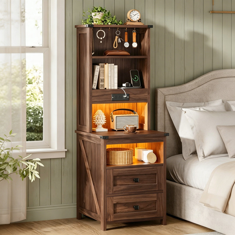 2 Drawers Farmhouse Tall Nightstand with Charging Station and Bookshelf, Oak Brown, 1