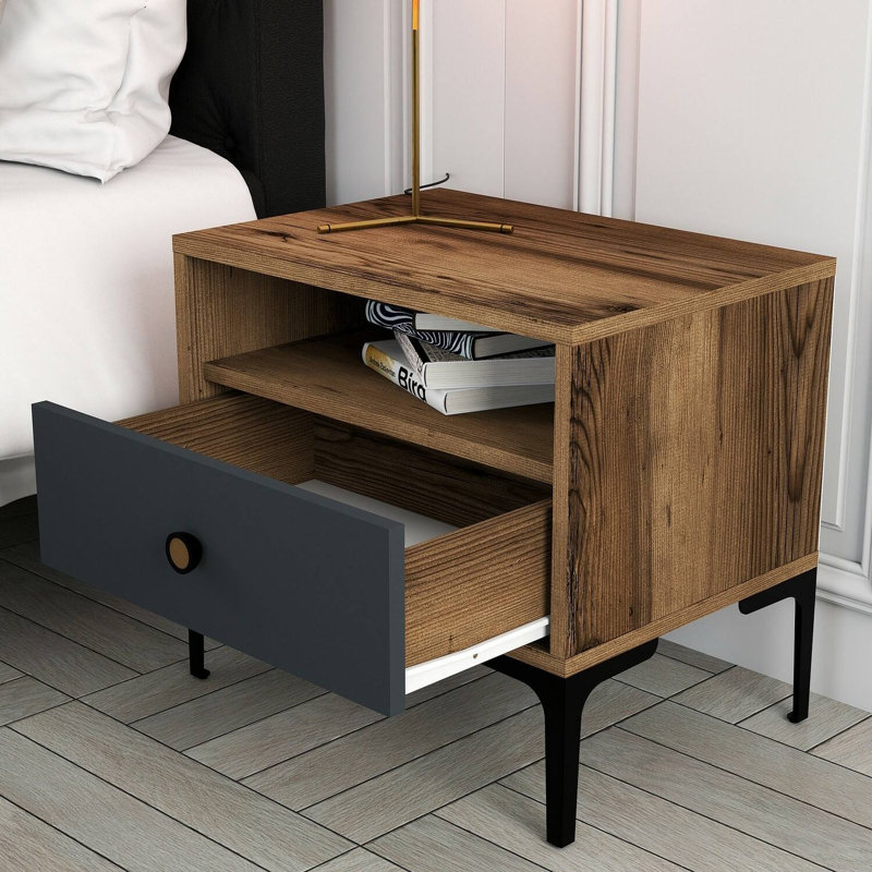 Aliyanah 56cm W Manufactured Wood Bedside Table, Walnut/Anthracite