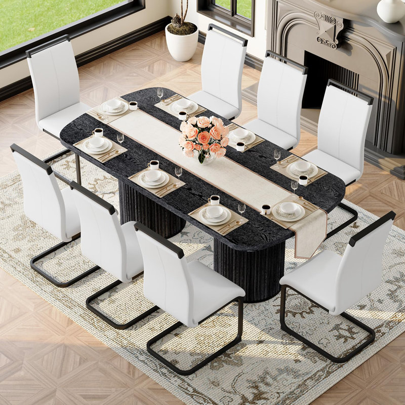 Ensemble de table de salle à manger de 79 po pour 8 personnes, grand ensemble de table de salle à manger pour 8 personnes avec base à double piédestal cannelée et chaises rembourrées