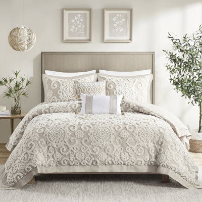Couette pour très grand lit en taupe 100% coton avec broderie en chenille, 2 taies décoratives de qualité et 4 attaches intérieures en taupe, coton, médaillons, fermeture à boutons en 3 dimensions, homologation
