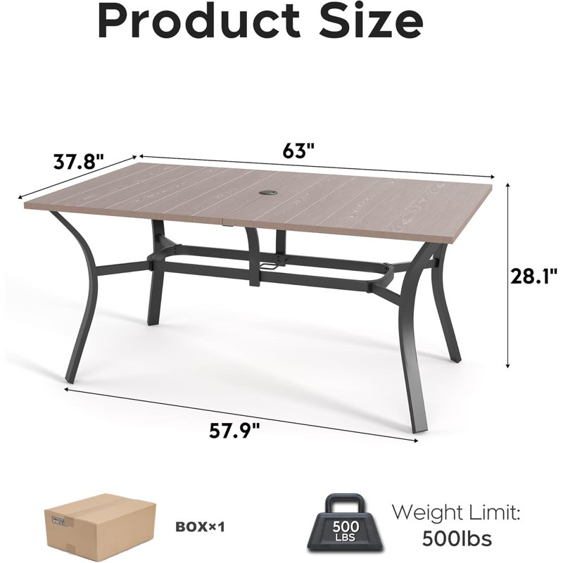 Outdoor Dining Table For 6, 66.29" Long Rectangular Metal Wrought Iron Table With Umbrella Hole,Brown, Brown