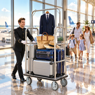 Hotel Luggage Cart, 1300LBS Load Capacity, Stainless Steel Bellmans Cart with 8inches Rubber Wheels Grey Carpeted Deck, 42L x 25W x 77H