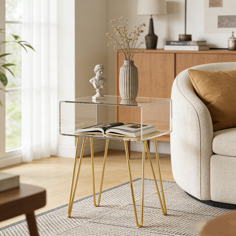 Table d'appoint moderne en acrylique transparent avec pieds dorés en épingle à cheveux - Table de chevet compacte à 2 niveaux pour petits espaces