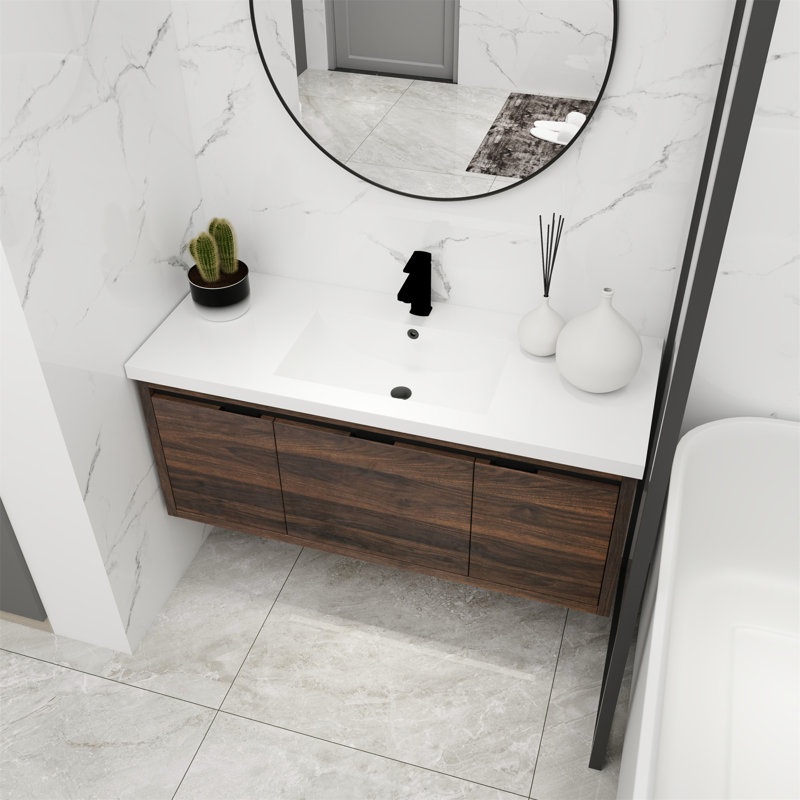 Meuble-lavabo simple mural avec plateau en gel Jotham, Noyer