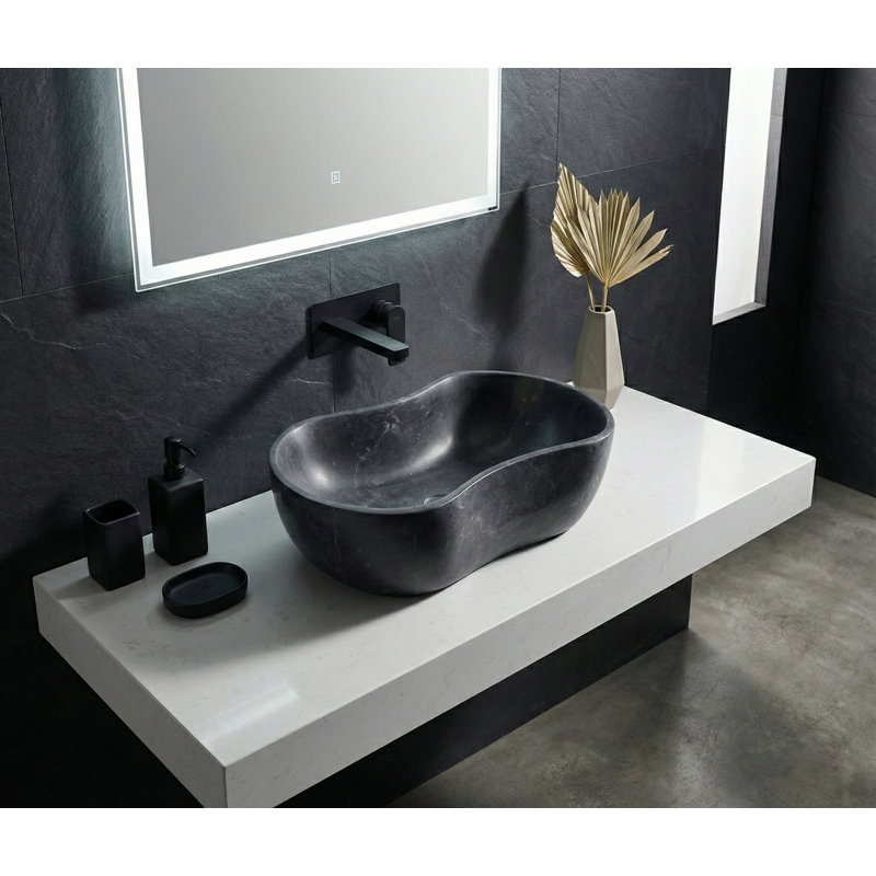 Lavabo vasque en marbre naturel gris foncé, lavabo en pierre ondulée biologique, bol de meuble-lavabo à finition mate (23,6 po) | Idée de cadeau