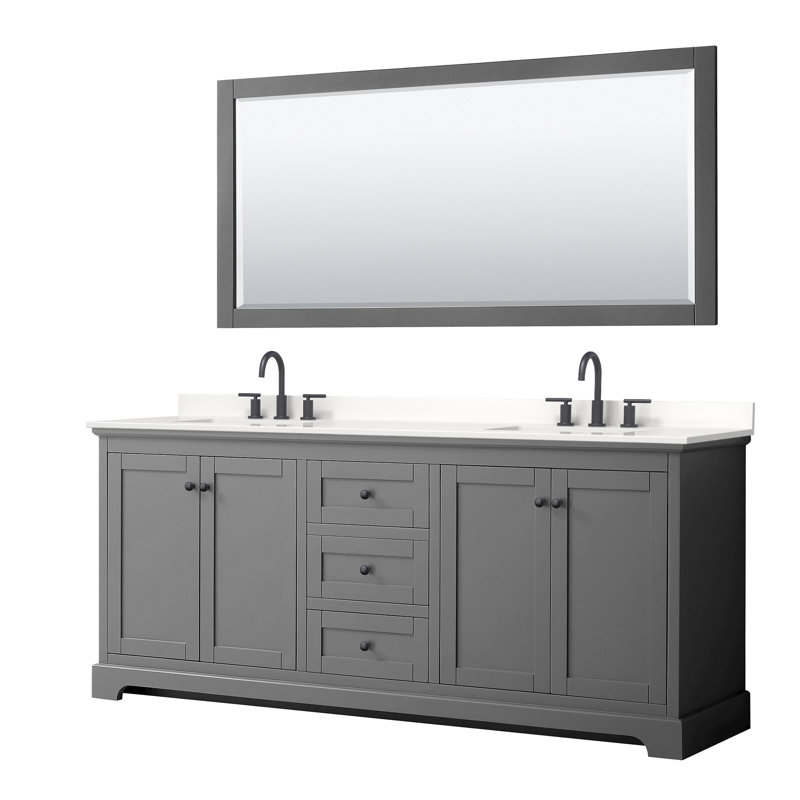 Meuble-lavabo double autoportant 60 po avec plateau en quartz et miroir Avery, Quartz blanc, Gris foncé, Noir mat