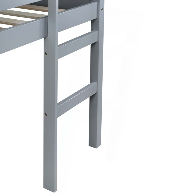 Lit mezzanine double en bois d'hévéa avec échelle, Gris