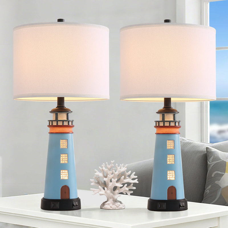 Ensemble de 2 lampes de table phare avec veilleuse, lampe de chevet nautique côtière avec ports USB et ampoules gratuites, base en résine bleue