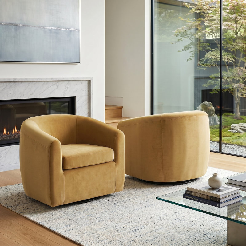 Richard  Upholstered Velvet Swivel Barrel Chair, Yellow
