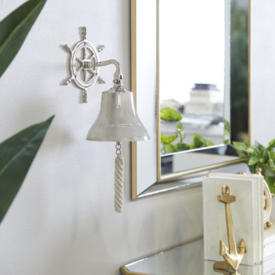 Brass Metal Indoor Outdoor Bell Silver Wall Decor with Ship wheel Backing