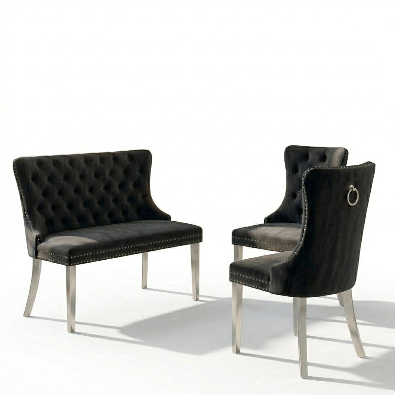 Ensemble de coin repas 3 pièces avec banc capitonné et chaises de salle à manger rembourrées, Argent, Noir, Argent