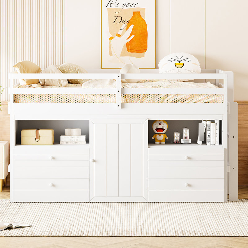 Lit mezzanine simple blanc avec 4 tiroirs, armoire et tablettes - Économiseur d'espace et investissement dans la chambre à coucher