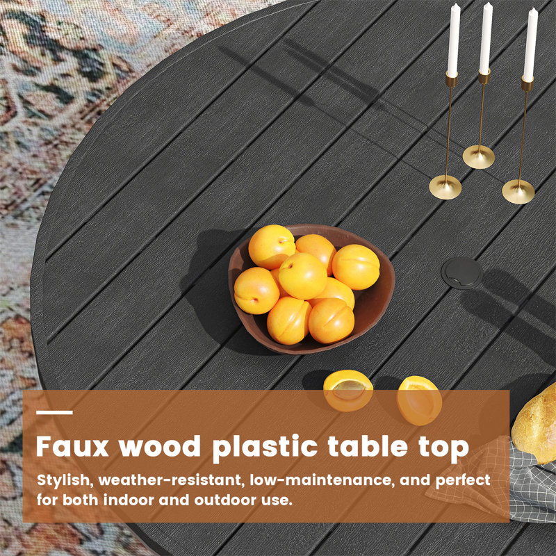 Red and Black 4-Person Round Patio Dining Set with Faux Wood Table