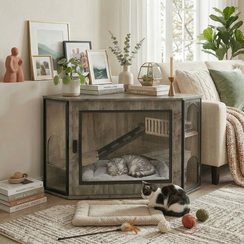 Enceinte d'angle pour litière pour chat, litière cachée moderne avec porte en acrylique et lumière DEL, maisonnette pour chat avec aire de jeu et escalier