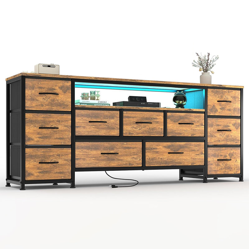 11-Drawer TV Stand with Power Outlets and LED Lights, 63" Wide Dresser with Storage for 55–70" TVs