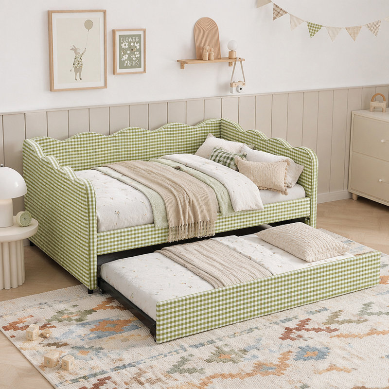 Lit de jour double en vichy avec lit gigogne simple et port USB, Green