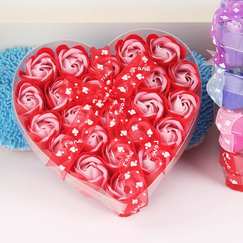  24 pièces de savon de fête rosé / rose parfumée or avec boîte-cadeau et ruban, Red