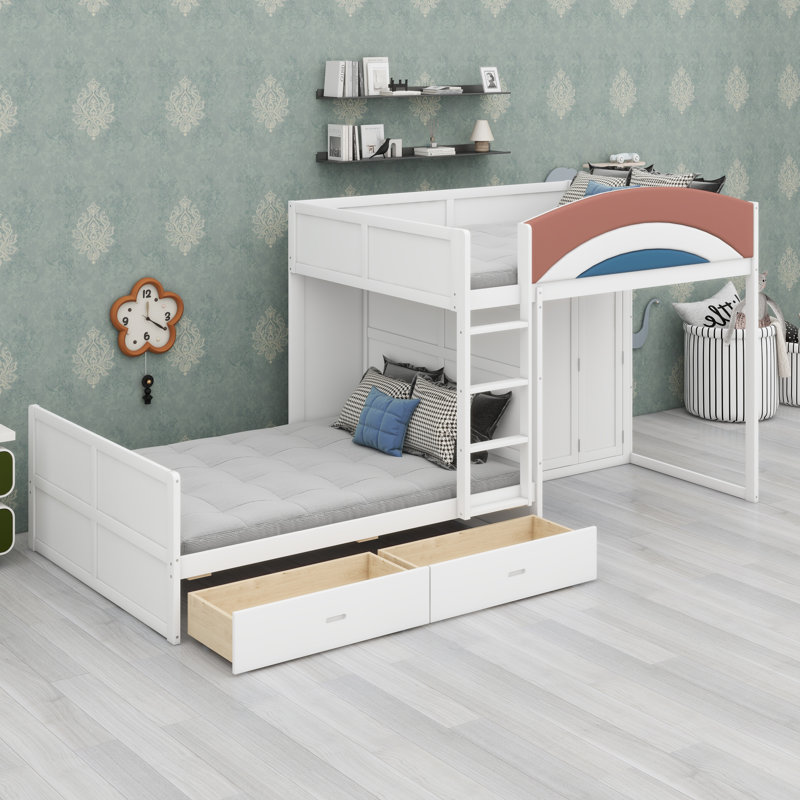 Multi-Functional Offset Bunk Bed Featuring Wardrobe, Drawers, Upholstered Guardrail, and Hanging Rod System, White
