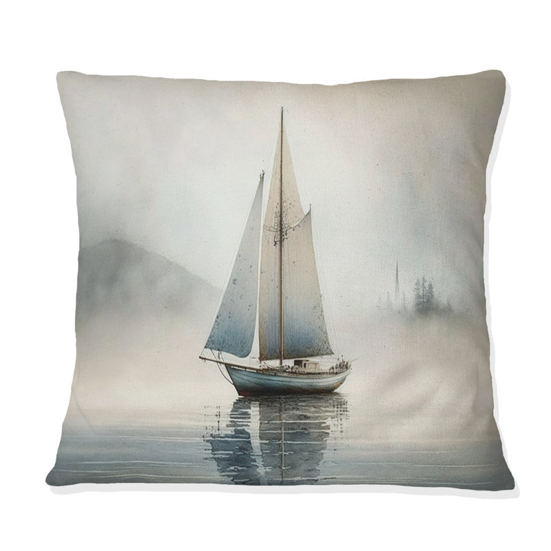 Bateau sur le lac I - Coussin décoratif imprimé bateau côtier, H 18 po x l 18 po, Carré