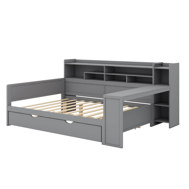 Lit de jour en bois avec tablettes de rangement, lit polyvalent avec lit gigogne escamotable et bureau d'étude intégré