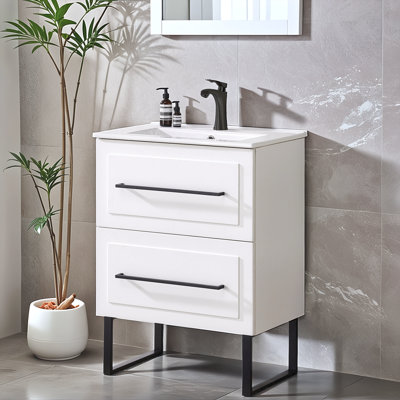 Ensemble de meuble-lavabo simple autoportant blanc 24 po avec 2 tiroirs Grasmick