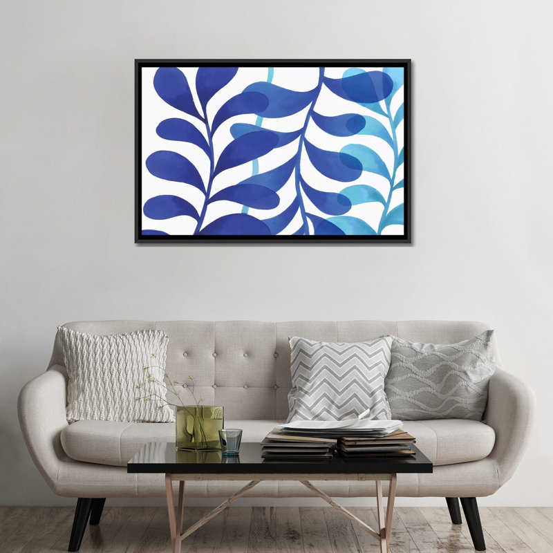 Impression sur toile indigo, H 18 po x l 26 po x P 1,5 po, Toile avec cadre noir, Pas de tapis