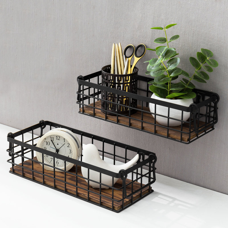 Metal and Solid Wood Decorative Basket, Brown