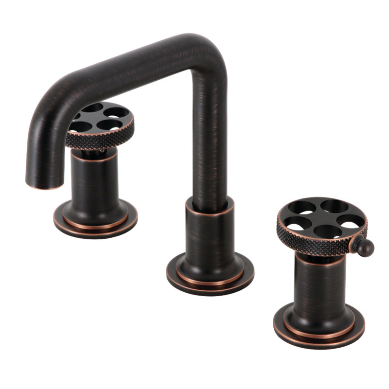 Kingston Brass Webb Two-Handle 3-Hole Deck Mount Widespread Bathroom Faucet with Knurled Handle and Push Pop-Up Drain, Bronze