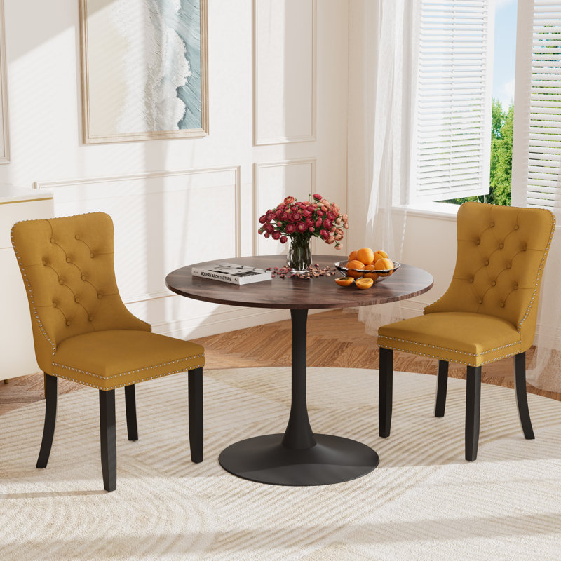 Round Pedestal Dining Set with 2 chairs, Brown/Black, Yellow