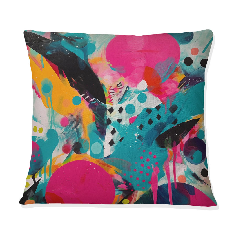 Enigma I rose et turquoise - Coussin décoratif imprimé abstrait, 18" x 18"
