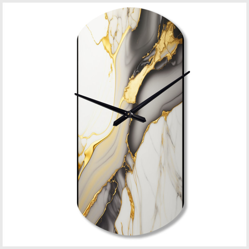 Horloge murale abstraite géométrique en marbre blanc et or II - horloge murale asymétrique en métal, Grand