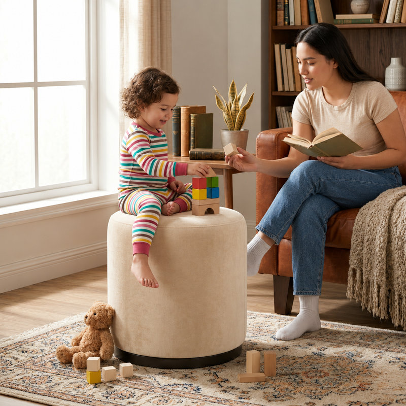 Modern Velvet Upholstered Ottoman Footstool Accent Pouffe for Living Room or Bedroom, Cream
