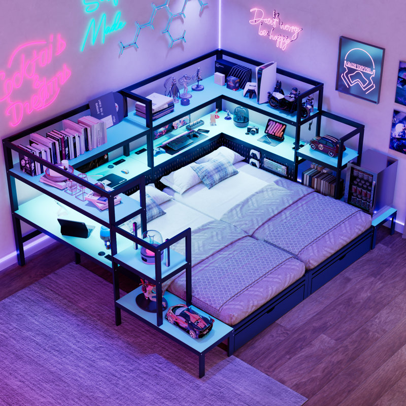 Twin Size Gaming Daybed with Integrated Desk and LED Light, Modern Wooden Bed Frame with 3 Storage Drawers and Built-in Charging Station, Multi-Functional Headboard Bookcase, Black+Blue
