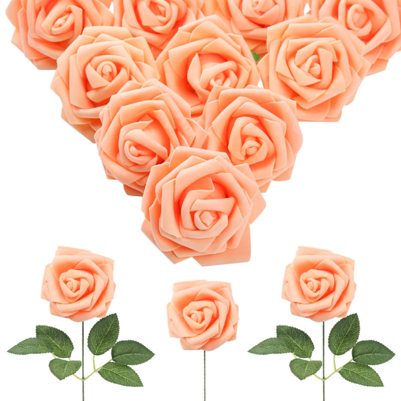 30 pièces fleurs artificielles roses en mousse avec tiges 8 cm fleurs roses, Orange