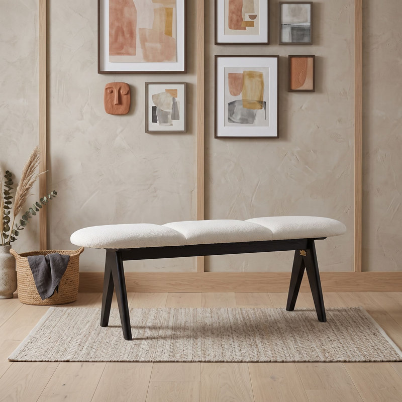 Banc rembourré avec pieds en bois, Noir blanc